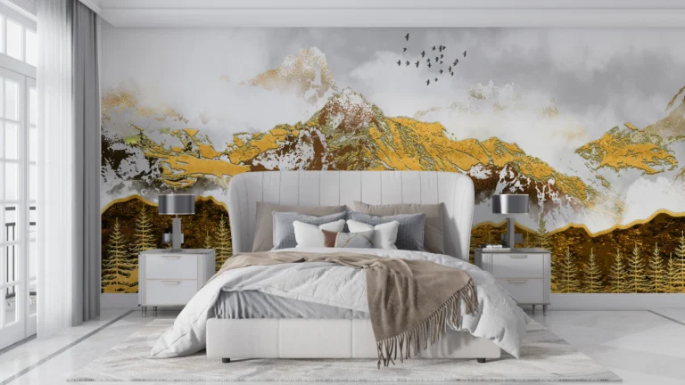 Papier Peint Montagne Dorée Avec Forêt de Sapins et Oiseaux – Main
