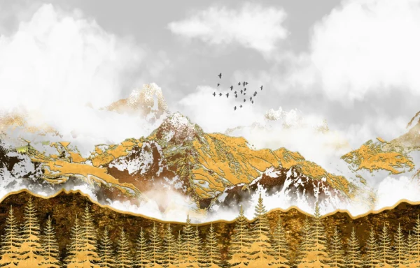 Papier Peint Montagne Dorée Avec Forêt de Sapins et Oiseaux – Wallpaper