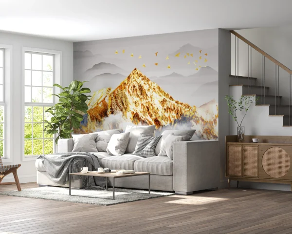 Papier Peint Panorama Montagne Dorée avec Nuages et Oiseaux Migrateurs – Gallery