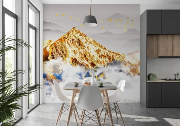 Papier Peint Panorama Montagne Dorée avec Nuages et Oiseaux Migrateurs – Gallery