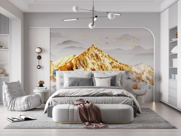 Papier Peint Panorama Montagne Dorée avec Nuages et Oiseaux Migrateurs – Gallery