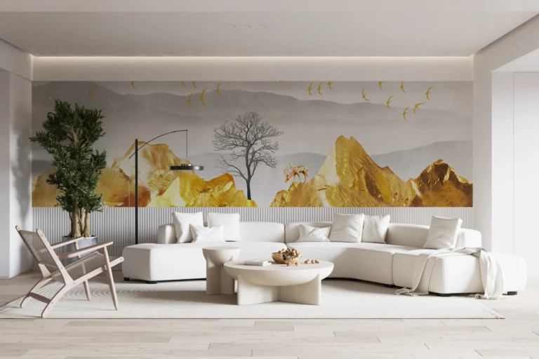 Papier Peint Panorama Montagne Dorée avec Nuages et Oiseaux Migrateurs – Main