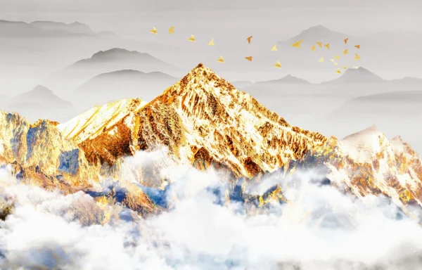 Papier Peint Panorama Montagne Dorée avec Nuages et Oiseaux Migrateurs – Wallpaper