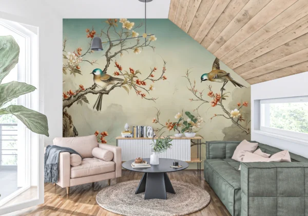 Papier peint oiseaux et branches fleuries style oriental zen – Gallery