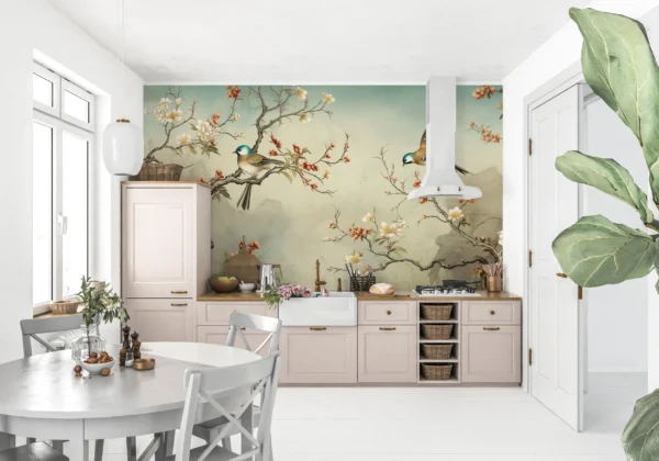 Papier peint oiseaux et branches fleuries style oriental zen – Gallery