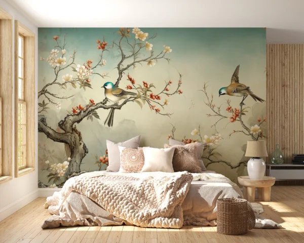 Papier peint oiseaux et branches fleuries style oriental zen – Gallery