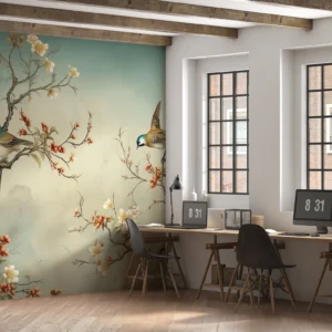 Papier peint oiseaux et branches fleuries style oriental zen