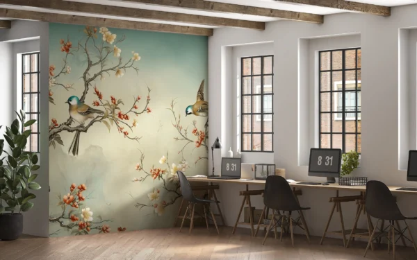 Papier peint oiseaux et branches fleuries style oriental zen – Main
