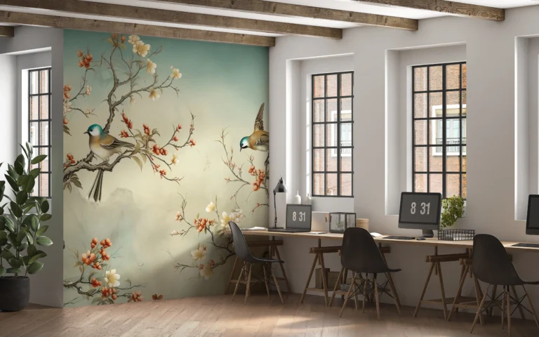 Papier peint oiseaux et branches fleuries style oriental zen – Main