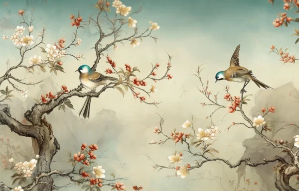 Papier peint oiseaux et branches fleuries style oriental zen – Wallpaper