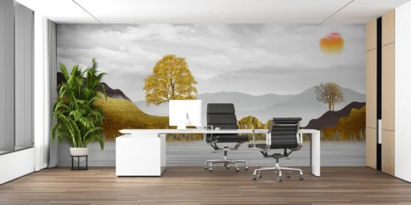 Papier Peint Paysage Montagneux Automnal avec Arbres Dorés et Soleil – Gallery