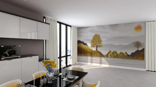 Papier Peint Paysage Montagneux Automnal avec Arbres Dorés et Soleil – Gallery