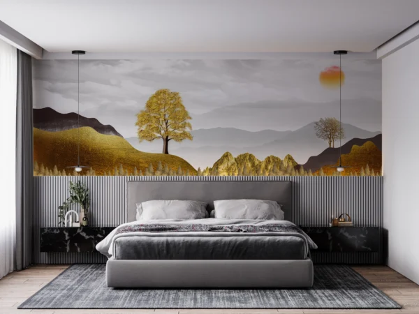 Papier Peint Paysage Montagneux Automnal avec Arbres Dorés et Soleil – Gallery