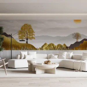 Papier Peint Paysage Montagneux Automnal avec Arbres Dorés et Soleil