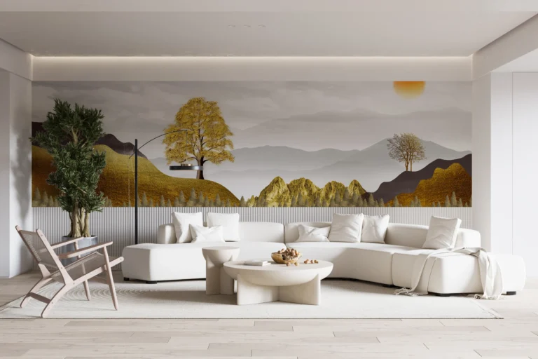 Papier Peint Paysage Montagneux Automnal avec Arbres Dorés et Soleil – Main