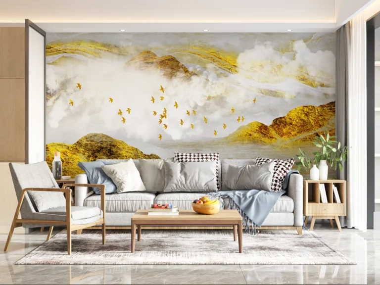 Paysage montagneux doré avec oiseaux en vol et brume – Main