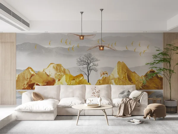 Paysage Montagneux Doré avec Lac et Oiseaux en Vol – Gallery