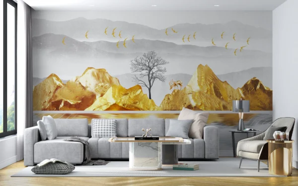 Paysage Montagneux Doré avec Lac et Oiseaux en Vol – Gallery