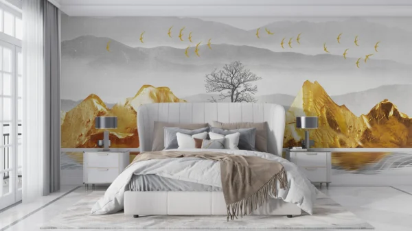Paysage Montagneux Doré avec Lac et Oiseaux en Vol – Gallery