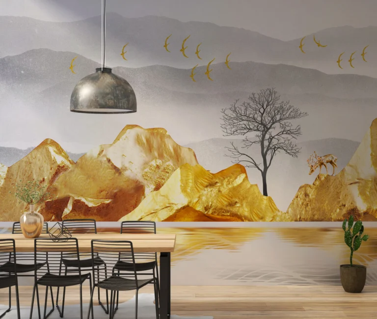 Paysage Montagneux Doré avec Lac et Oiseaux en Vol – Main