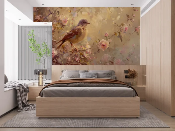Papier peint romantique oiseau sur branche fleurie tons dorés rosés – Gallery