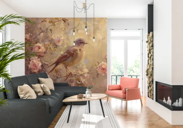 Papier peint romantique oiseau sur branche fleurie tons dorés rosés – Gallery