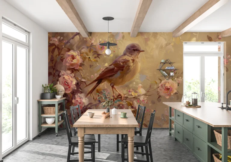 Papier peint romantique oiseau sur branche fleurie tons dorés rosés – Main