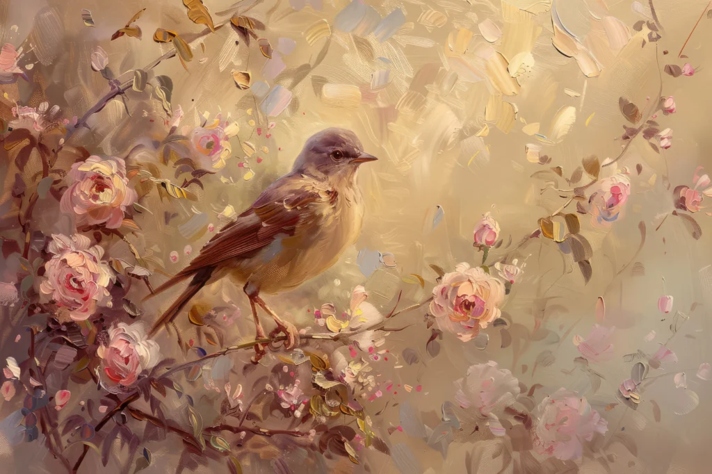 Papier peint romantique oiseau sur branche fleurie tons dorés rosés – Wallpaper