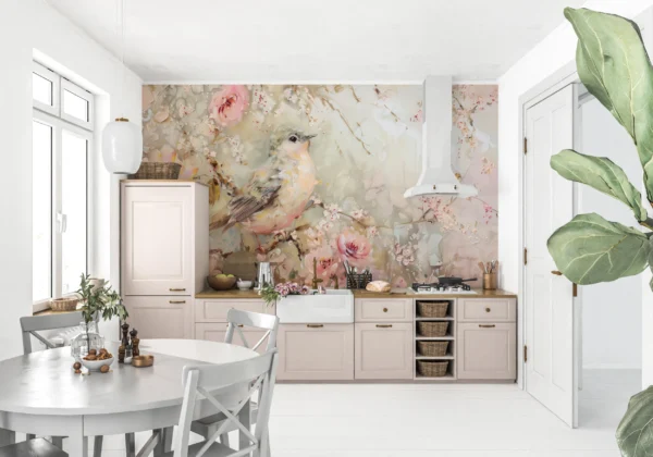 Papier Peint Romantique Oiseau et Fleurs Rose Pastel – Gallery