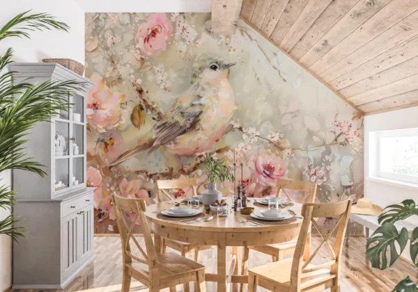 Papier Peint Romantique Oiseau et Fleurs Rose Pastel – Gallery