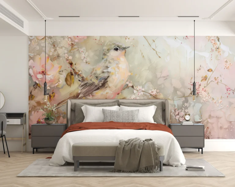 Papier Peint Romantique Oiseau et Fleurs Rose Pastel – Main