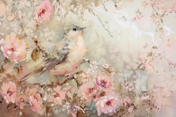 Papier Peint Romantique Oiseau et Fleurs Rose Pastel – Wallpaper