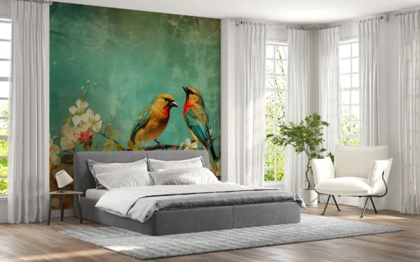 Papier Peint Vintage Oiseaux Exotiques sur Branche Fleurie Aquarelle – Gallery