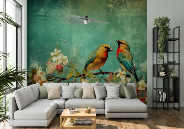 Papier Peint Vintage Oiseaux Exotiques sur Branche Fleurie Aquarelle – Gallery