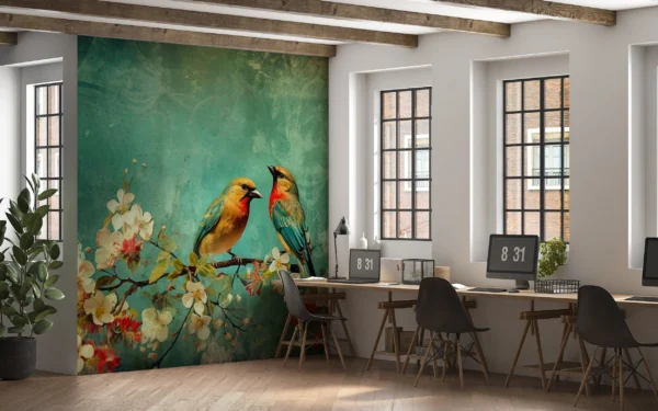 Papier Peint Vintage Oiseaux Exotiques sur Branche Fleurie Aquarelle – Gallery