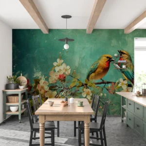 Papier Peint Vintage Oiseaux Exotiques sur Branche Fleurie Aquarelle