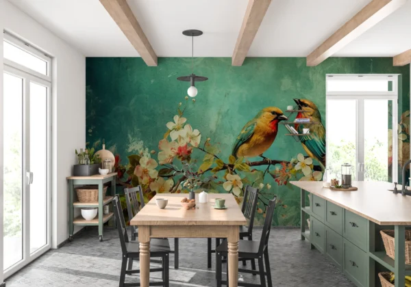 Papier Peint Vintage Oiseaux Exotiques sur Branche Fleurie Aquarelle – Main