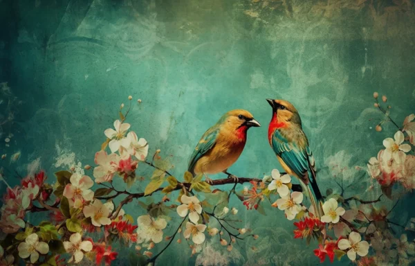 Papier Peint Vintage Oiseaux Exotiques sur Branche Fleurie Aquarelle – Wallpaper